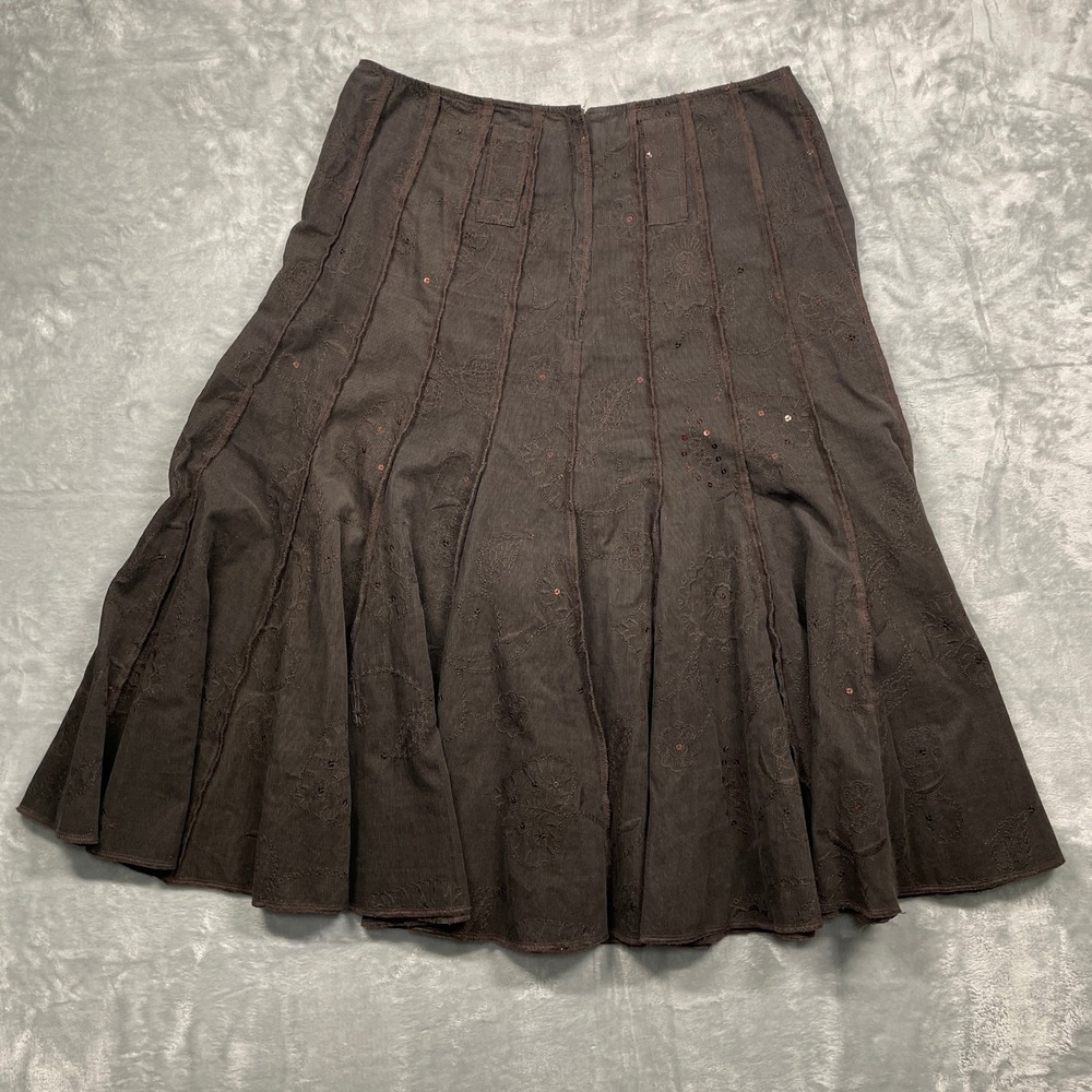Astuces Corduroy Skirt Women Brown Embroidered Sequin Paneled Midi France M (T2)